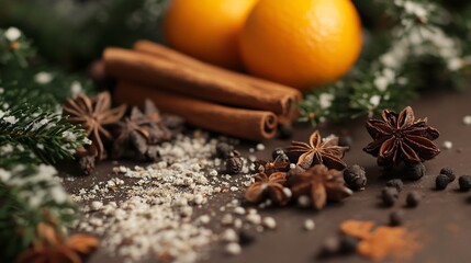 Exquisite Collection of Spices and Fir Branches on Table Closeup