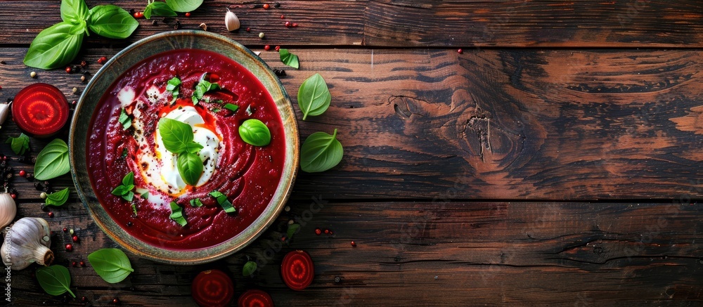 Canvas Prints Fresh tasty beetroot soup topped with cream and basil on a brown wooden surface Cooking idea. Copy space image. Place for adding text and design