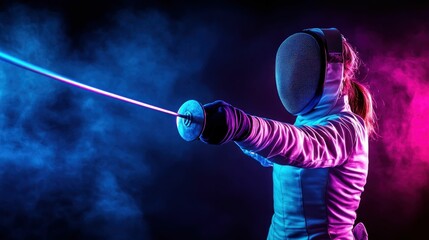 Fencer in Neon Lights with Sword. Generative ai