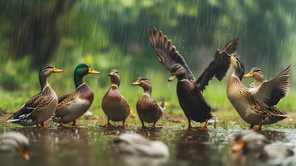 A flock of ducks in various poses during a rainy day