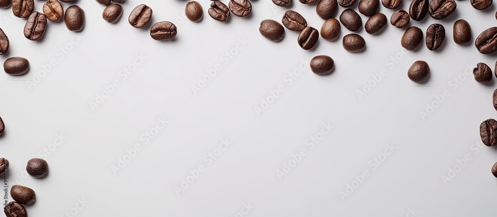 Poster coffee beans on a white background the center is left blank for text close up copy space empty area 