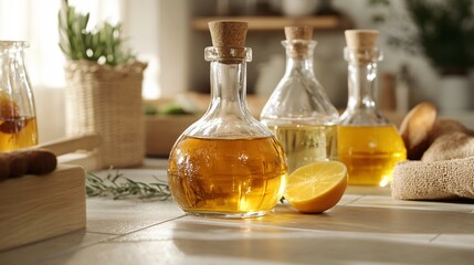 Varieties of Vinegar and Ingredient Array on Light Background
