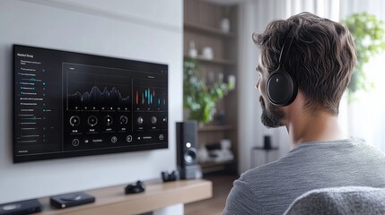 Man Listening to Music on Headphones with Audio Visualization on TV Screen