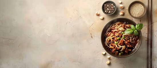 Korean food black bean noodles. Copy space image. Place for adding text and design