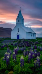 Stunning Cinematic Photo of an Iconic White Church Amidst Vibrant Blue and Purple Lupines in Vík, South Iceland