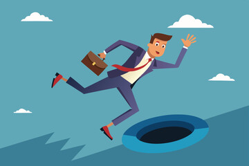 Failure or mistake causing catastrophe despair, problem or risk from crisis or recession, danger or business accident, trouble, loss or pitfall concept, terrified businessman fall down into the hole
