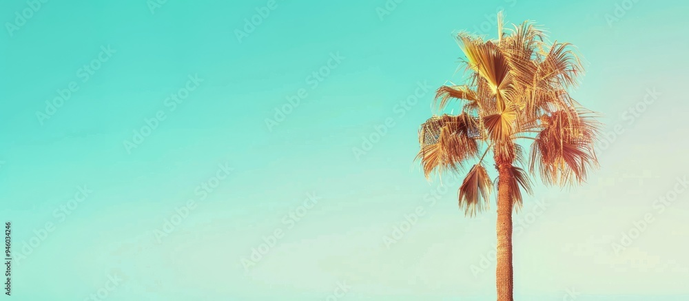 Poster palm tree against a bright blue summer sky in a vintage tone. copy space image. place for adding tex