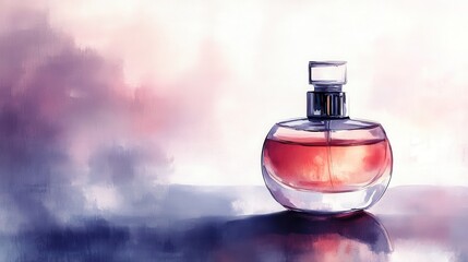 Fragrance bottle, light reflecting on liquid, watercolor style