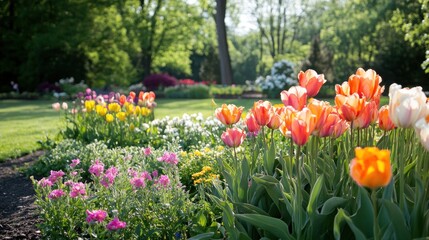 Springtime Garden with Blooming Tulips