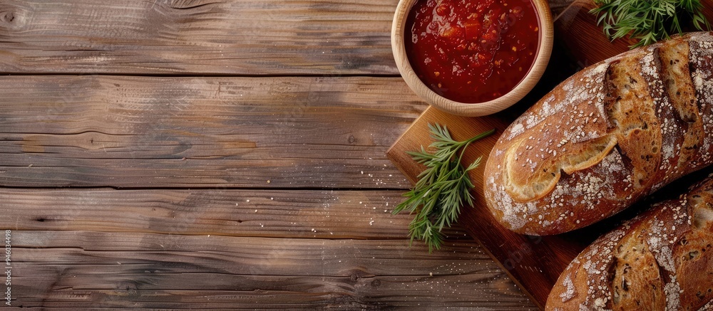 Poster bread on a wooden background close up wholegrain bread on a wooden surface and tomato sauce. copy sp