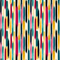 Abstract colourful watercolour seamless pattern with vertical stripes in pink, yellow, teal, black and white bright and vibrant colours and gold glitter. 