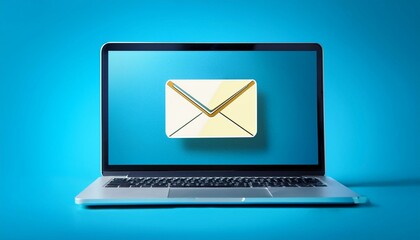 Laptop with envelope on screen, concept of sending and receiving emails, blue background, Generative AI