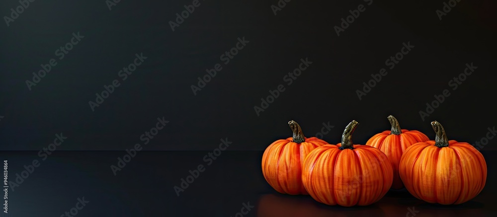 Poster spooky halloween pumpkins set against a black background. copy space image. place for adding text an