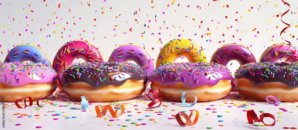 Poster rows of vibrant donuts topped with sprinkles and various fillings on a white background alongside co