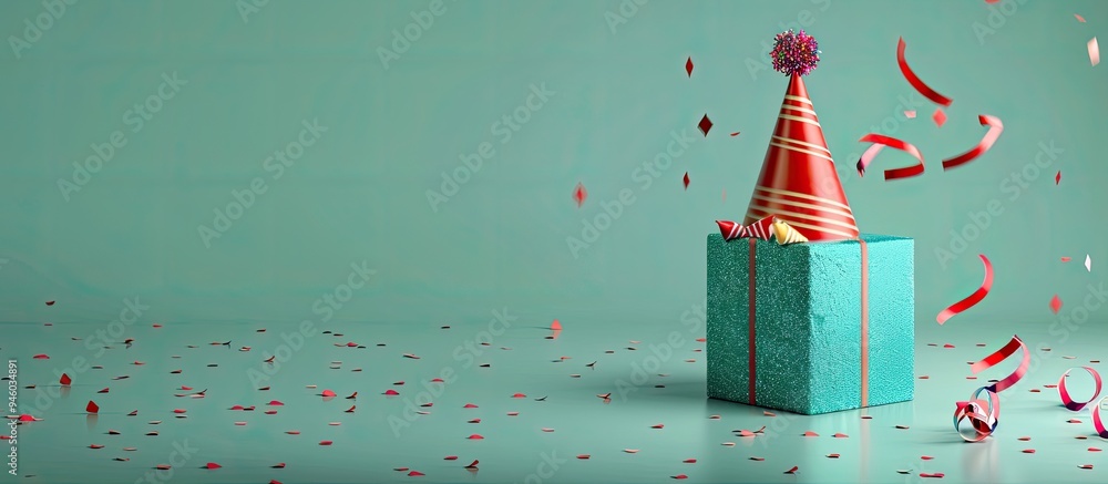 Aufkleber red birthday hat and a gift on a green background room for text or design. copy space image. place f