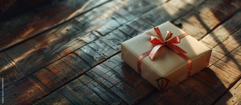 Poster sophisticated gift box with a ribbon on a wooden surface. copy space image. place for adding text an