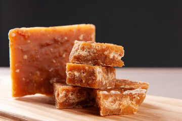 Typical sweet from northeastern Brazil made from sugar cane called Rapadura. Copy space. Selective focus