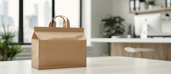 The idea of delivering food to the office Paper packaging for food delivery featuring a logo against an office backdrop Promotion for a food delivery service. Copy space image
