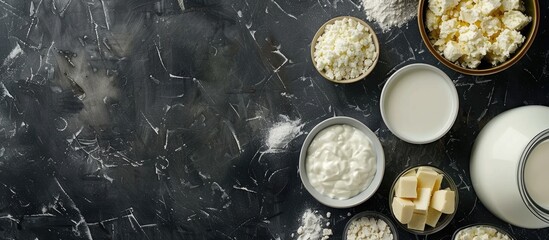 Dairy items milk cheese sour cream cottage cheese yogurt and butter on a dark background Flat lay with copyspace