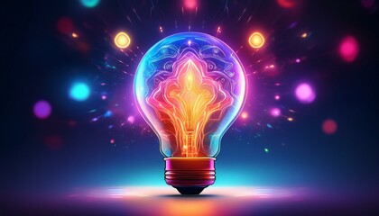 Light bulb with neon lights, abstract glowing background, digital illustration