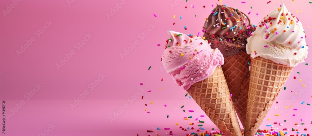 Poster chocolate strawberry and vanilla ice cream cones topped with sprinkles on a vibrant pink background.