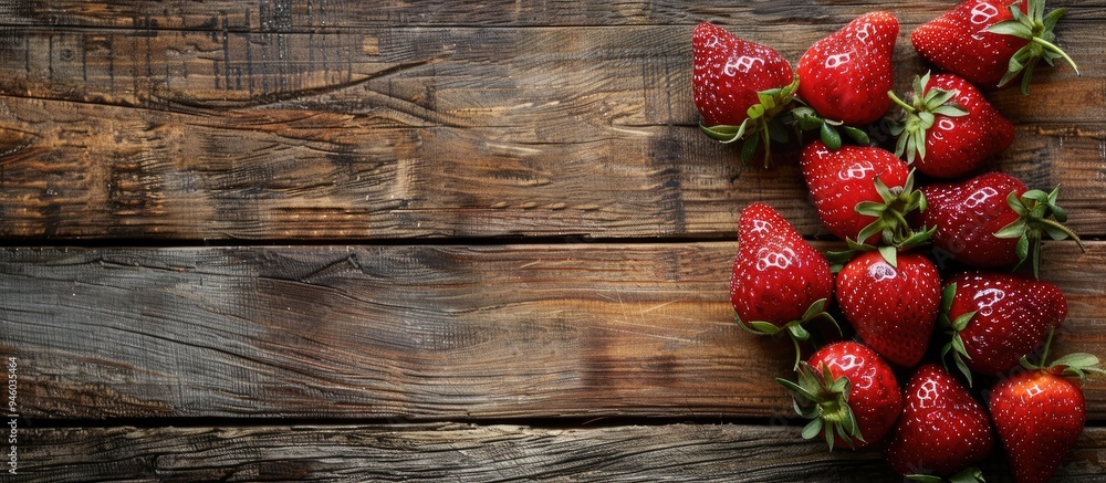 Poster fresh ripe strawberries on a rustic wooden background with copy space top view