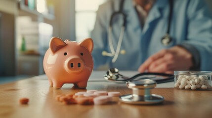 Professional Doctor with Stethoscope Examining piggy bank near pills