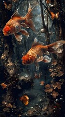 Golden Fish and Butterflies in a Dreamy Forest.