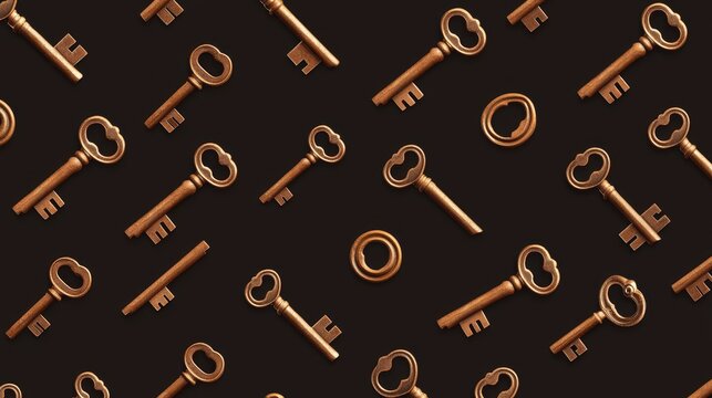 A pattern of vintage keys and locks, arranged in a repeating, steampunk-inspired design
