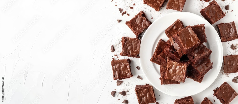 Poster plate with delicious chocolate brownie pieces on a white background. copy space image. place for add