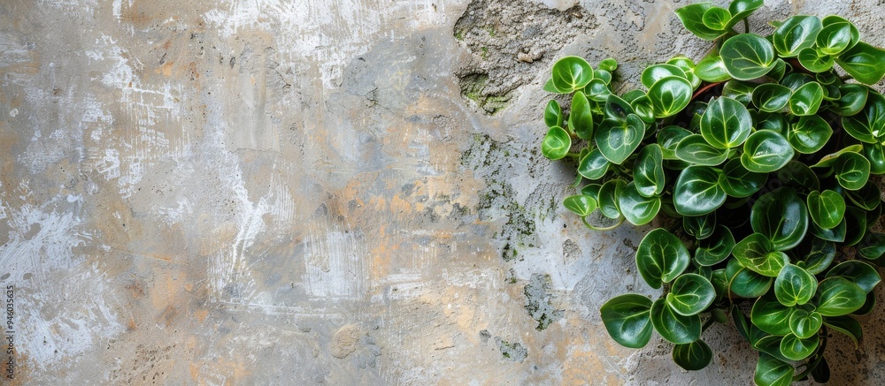Poster peperomia pellucida thriving in natural light on an aged wall. copy space image. place for adding te