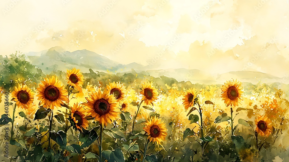 Wall mural A watercolor painting captures a field of sunflowers with majestic mountains in the background, radiating warmth and cheer.