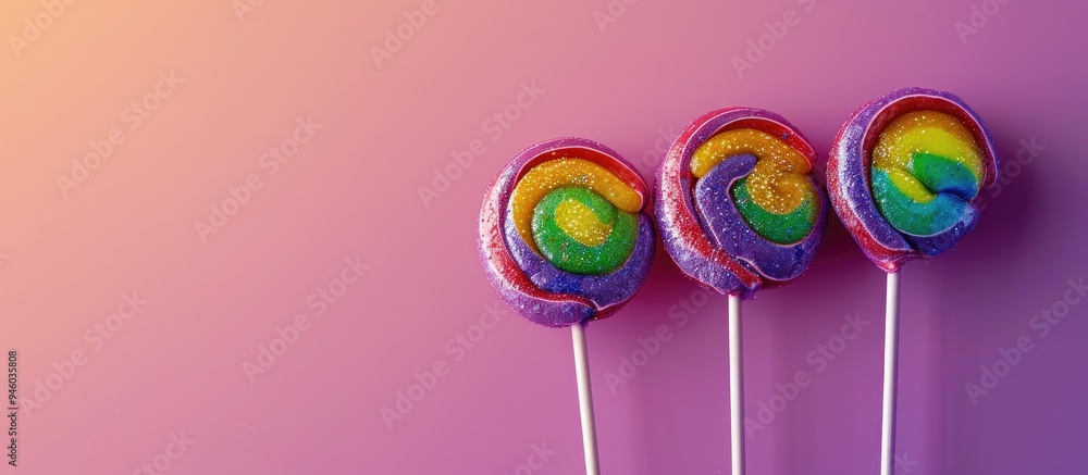 Wall mural rainbow colored lollipops on a violet background copy space