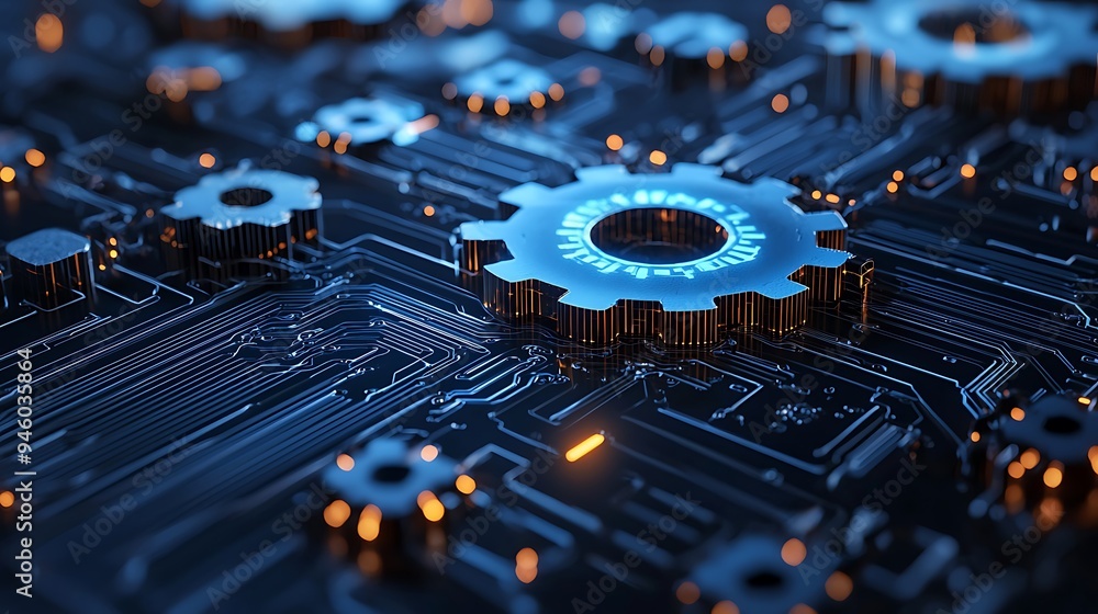 Poster a futuristic circuit board is highlighted by a glowing gear, representing the pulse of advanced tech