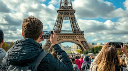 A beautiful tourist attraction, like the Eiffel Tower, with visitors gathered around taking photos.