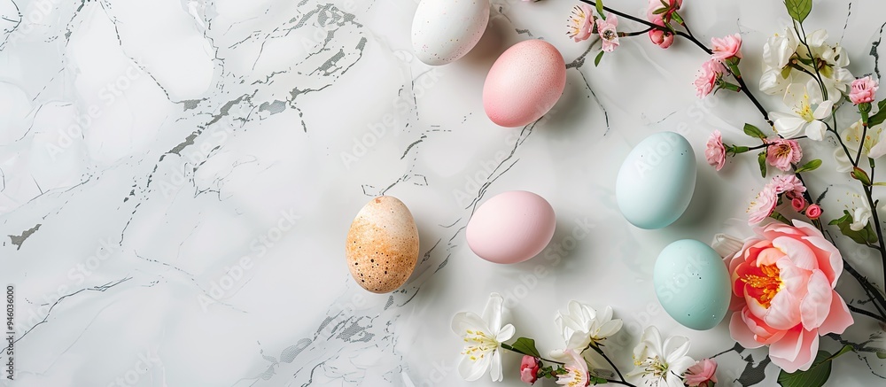 Poster easter eggs and lovely flowers arranged on a white marble table flat lay room for text. copy space i