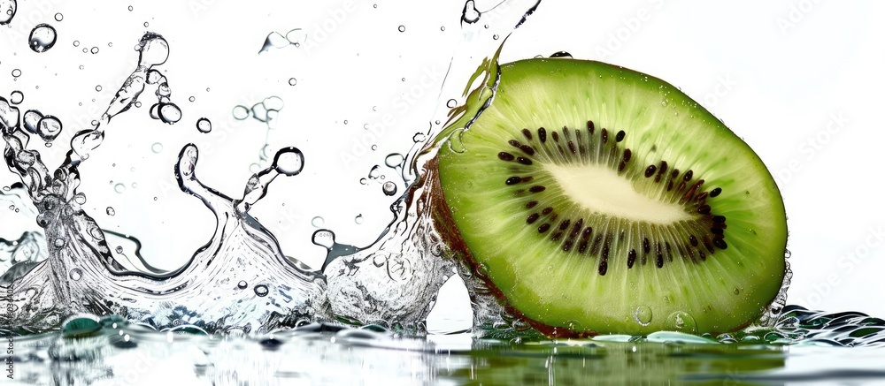 Poster kiwi slice dropping into water isolated against a white background. copy space image. place for addi