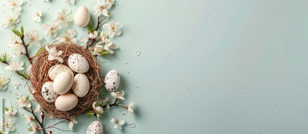 Poster spring easter holiday top view flat lay background featuring eggs in nests and spring flowers greeti