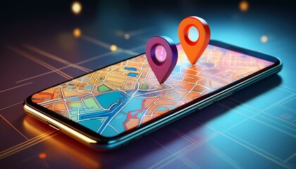 Mobile phone with open satellite map app and location pin on screen, GPS concept with mobile phone and satellite map, Generative AI