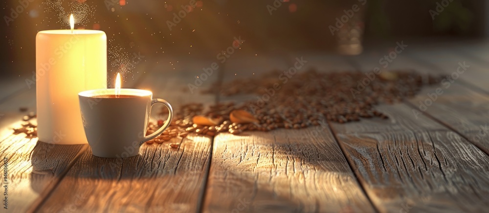 Poster grains and a coffee cup alongside a candle. copy space image. place for adding text and design