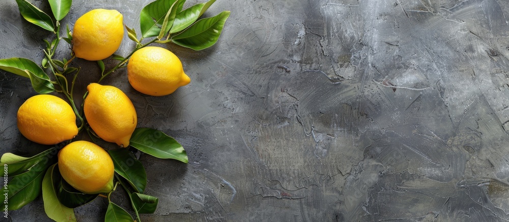 Poster Fresh lemons against a grey background Copy space Top view