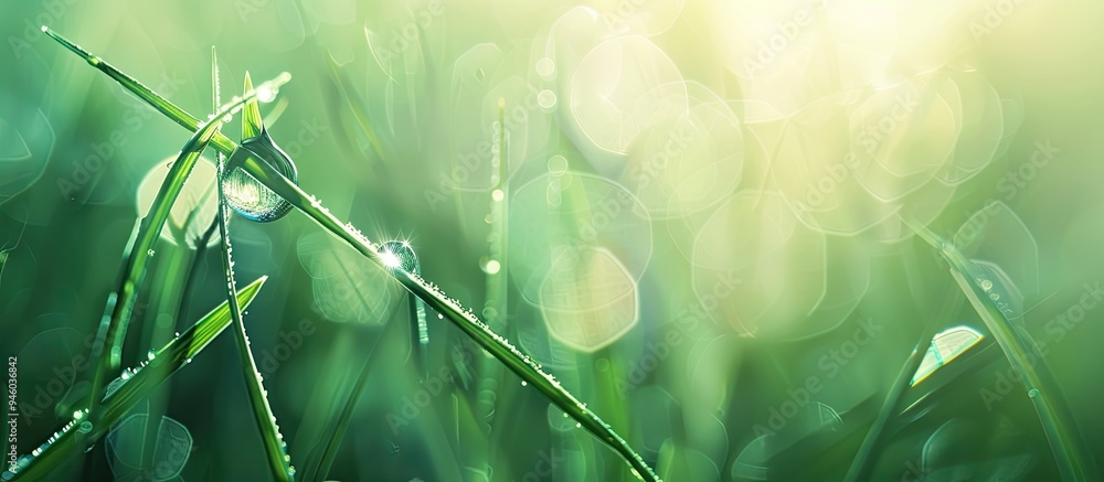 Poster water droplet on fresh morning grass. copy space image. place for adding text and design