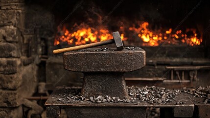 A blacksmith's anvil with a hammer resting on top, set in a traditional forge workshop with glowing coals.
