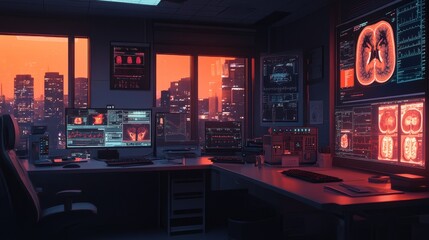 Obraz premium Modern Medical Office with City View at Sunset and Brain Scan on Monitors
