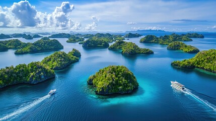 A boat sailing between the lush green islands of an archipelago under a bright blue sky.