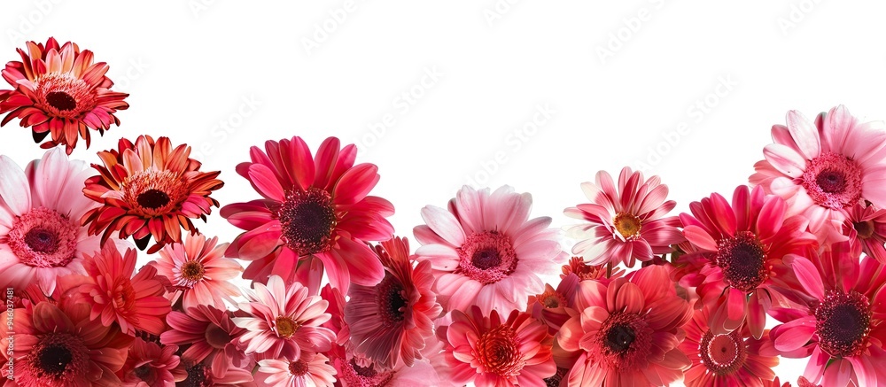 Sticker Pink and red gerbera flowers border isolated on a white background. Copy space image. Place for adding text and design