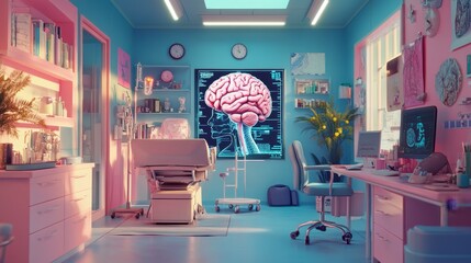 Modern Medical Office with Brain Anatomy Poster  Pink and Blue Decor