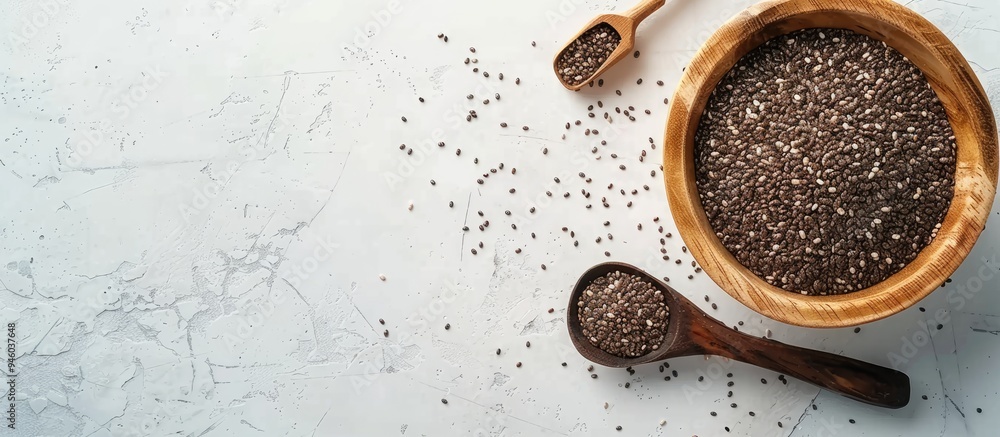 Poster chia seeds in a wooden bowl with a scoop on a white table top view. copy space image. place for addi
