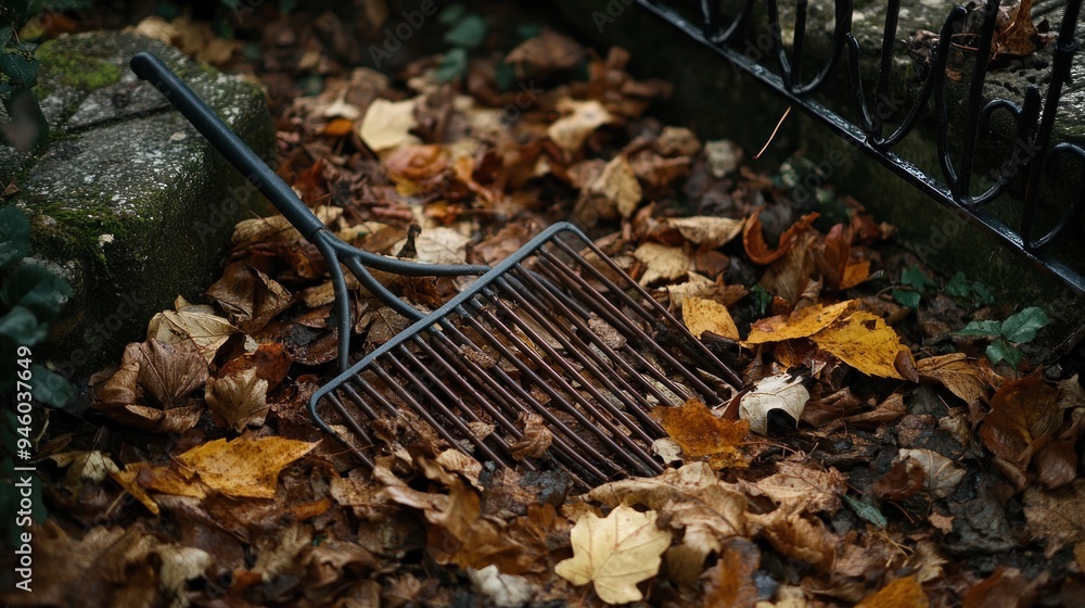 Sticker Autumnal Garden with a Leaf Rake