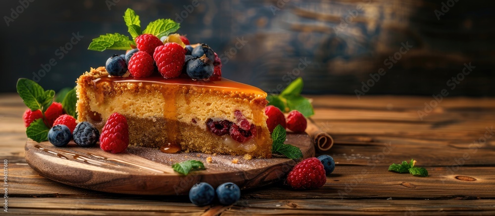 Poster one slice of pie honey cake topped with fresh berries mint and caramel placed on a wooden background
